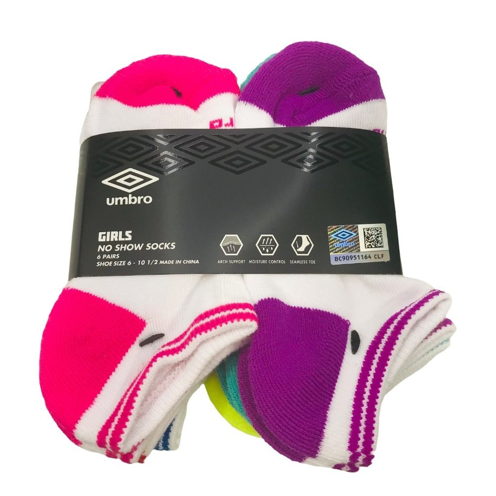 Umbro 6 Pack Girl's Shoe Size 6-10.5 No Show Socks Assorted Color New In Package